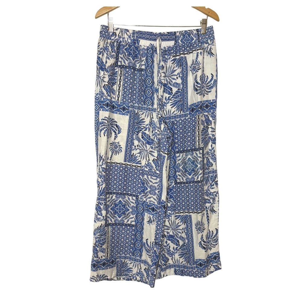 Mlle Gabrielle Blue White Tropical Patchwork Wide Leg Pants Large RN53237‎